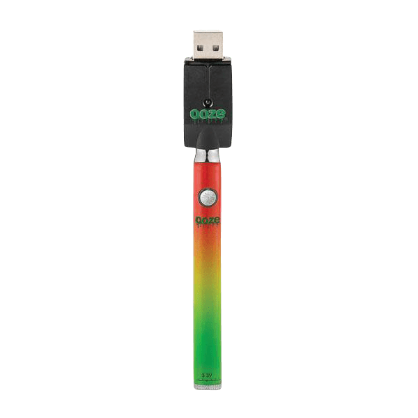 A close-up shot of the Ooze Slim Twist Battery with Charger, showing the silver and black device against a plain white background.