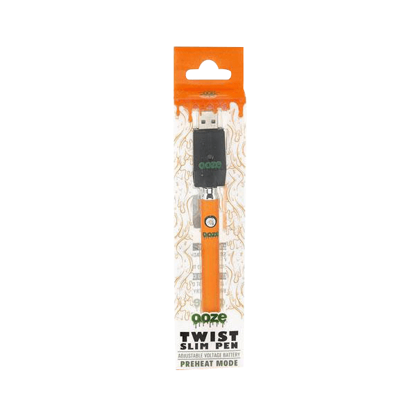 Front view of the Ooze Slim Twist Battery with Charger, encased in clear plastic packaging with branding details.