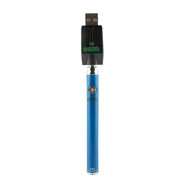 Front view of the Ooze Slim Twist Battery with Charger, showcasing its slender, silver design and USB charging port.
