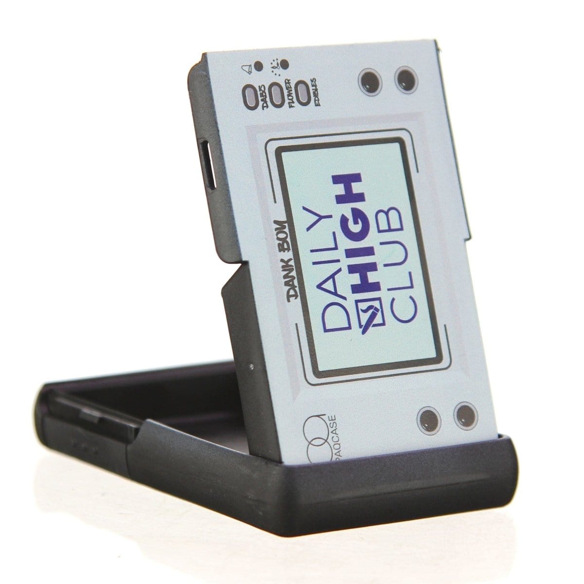 A close-up, angled view of the Dank Boy PAQ Case, showcasing its sleek, dark design and small, circular details.