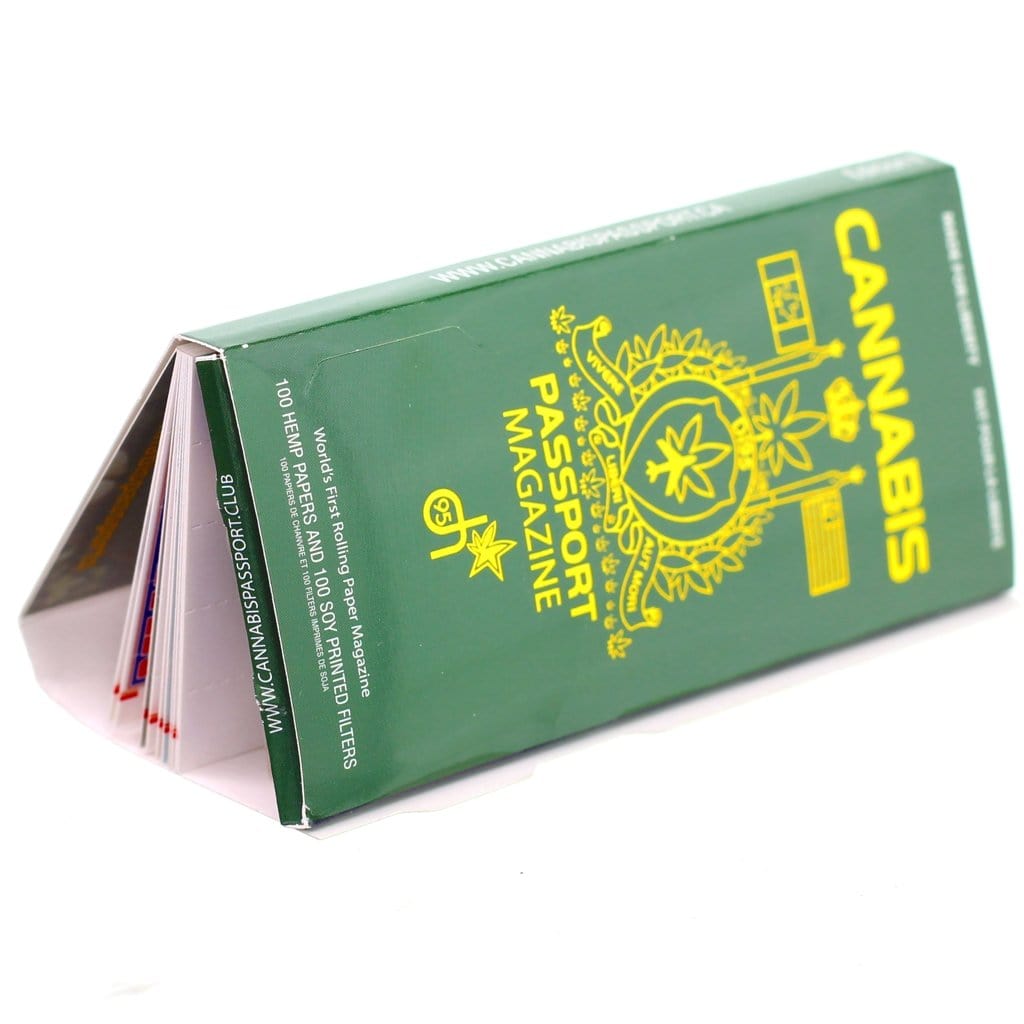 Front view of Passport Papers packaging, featuring bold typography and a subtle, textured background in shades of white and green.