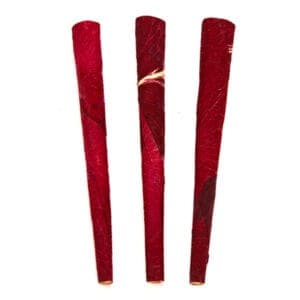 A close-up of three stacked 3 Royal Blood Rose Petal King Cones, showing their rolled paper construction.