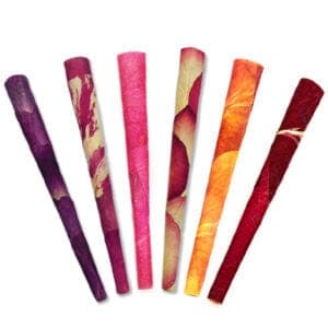 A slightly angled view of the 6 Pack Rainbow Rose Petal King Cones, displaying the colorful, patterned cones arranged together.