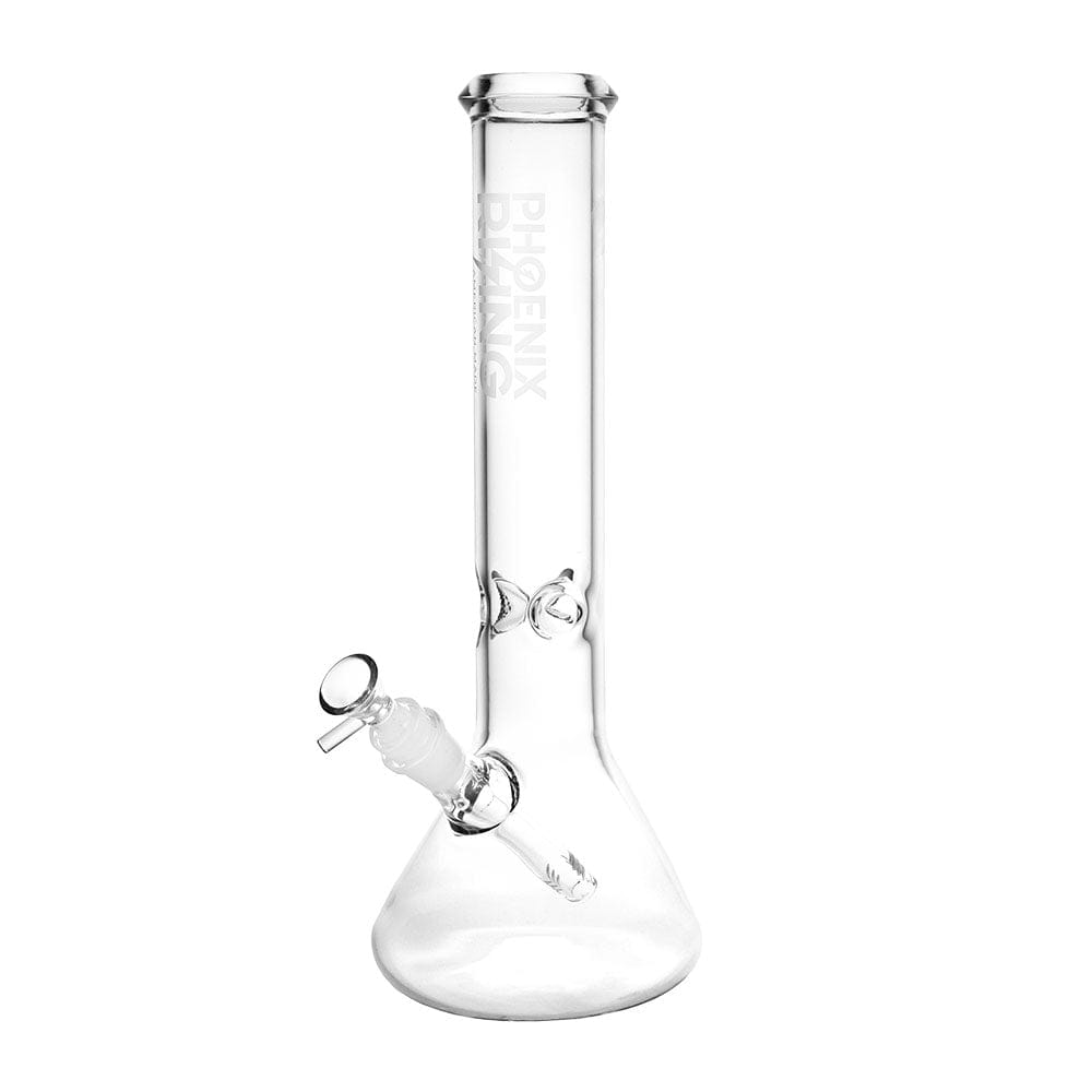 Front view of the Phoenix Rising Basic Beaker Water Pipe, a clear glass pipe with a simple, classic beaker shape.