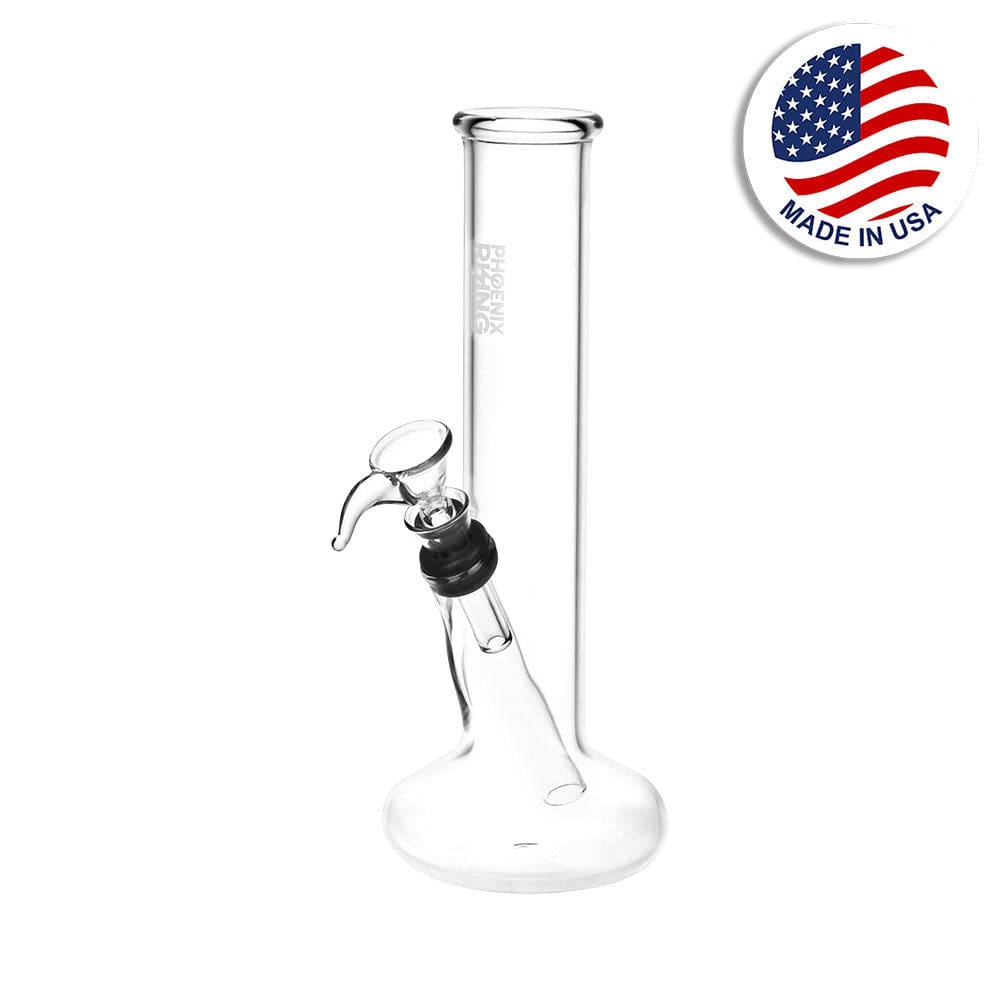 A studio shot of the 7.75" Phoenix Rising Pillar Of Smoke beaker water pipe in clear glass, displayed at a slight angle.