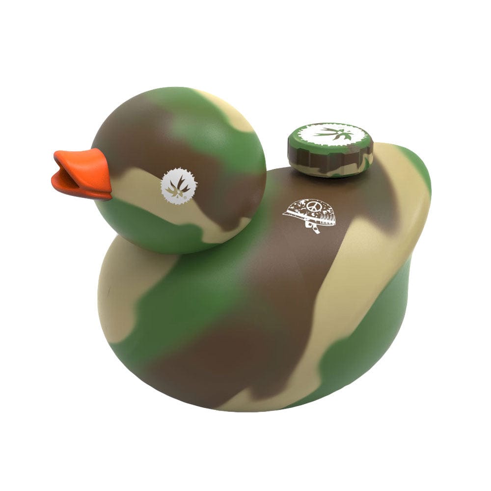 Front view of the Piecemaker Kwack Silicone Duck Bong, a vibrant green duck-shaped water pipe with an orange beak.
