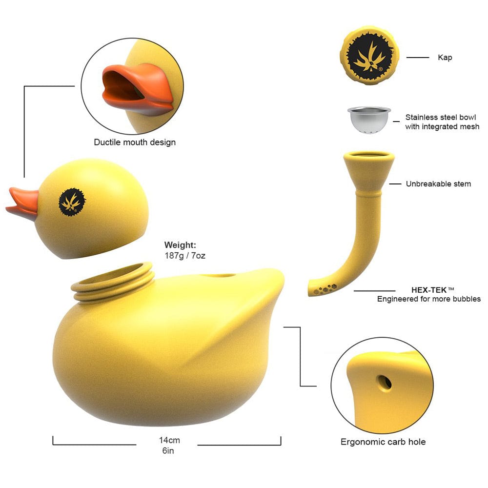 A close-up of the Piecemaker Kwack Silicone Duck Bong, showing its yellow, duck-shaped design and clear glass bowl.