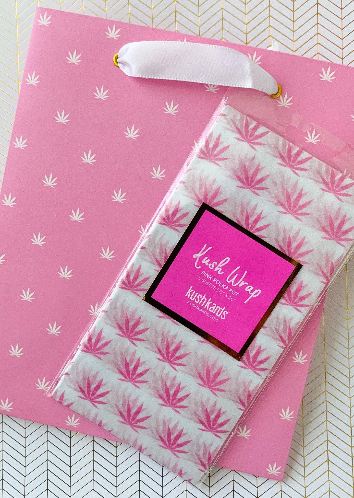 KushKards Gift Bag & Tissue Gift Wrap & Tissue Paper Combo Pink & White Pot Leaf Print Gift Bag