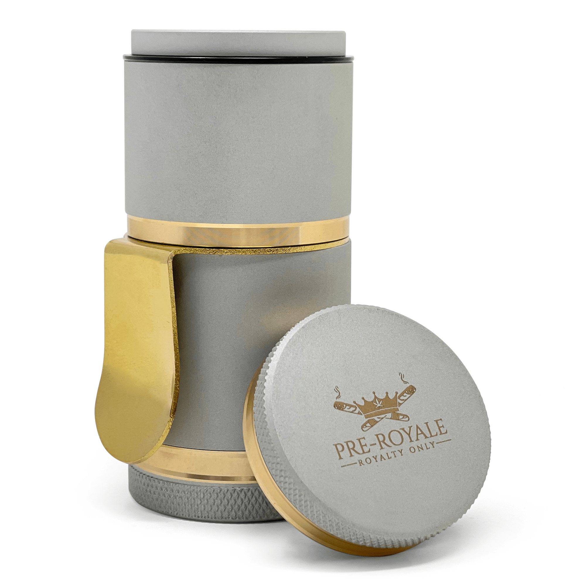 A slightly angled, studio shot of the Royale Gâ„¢ - Luxury Herb Grinder with its lid slightly ajar, showcasing its metallic finish.