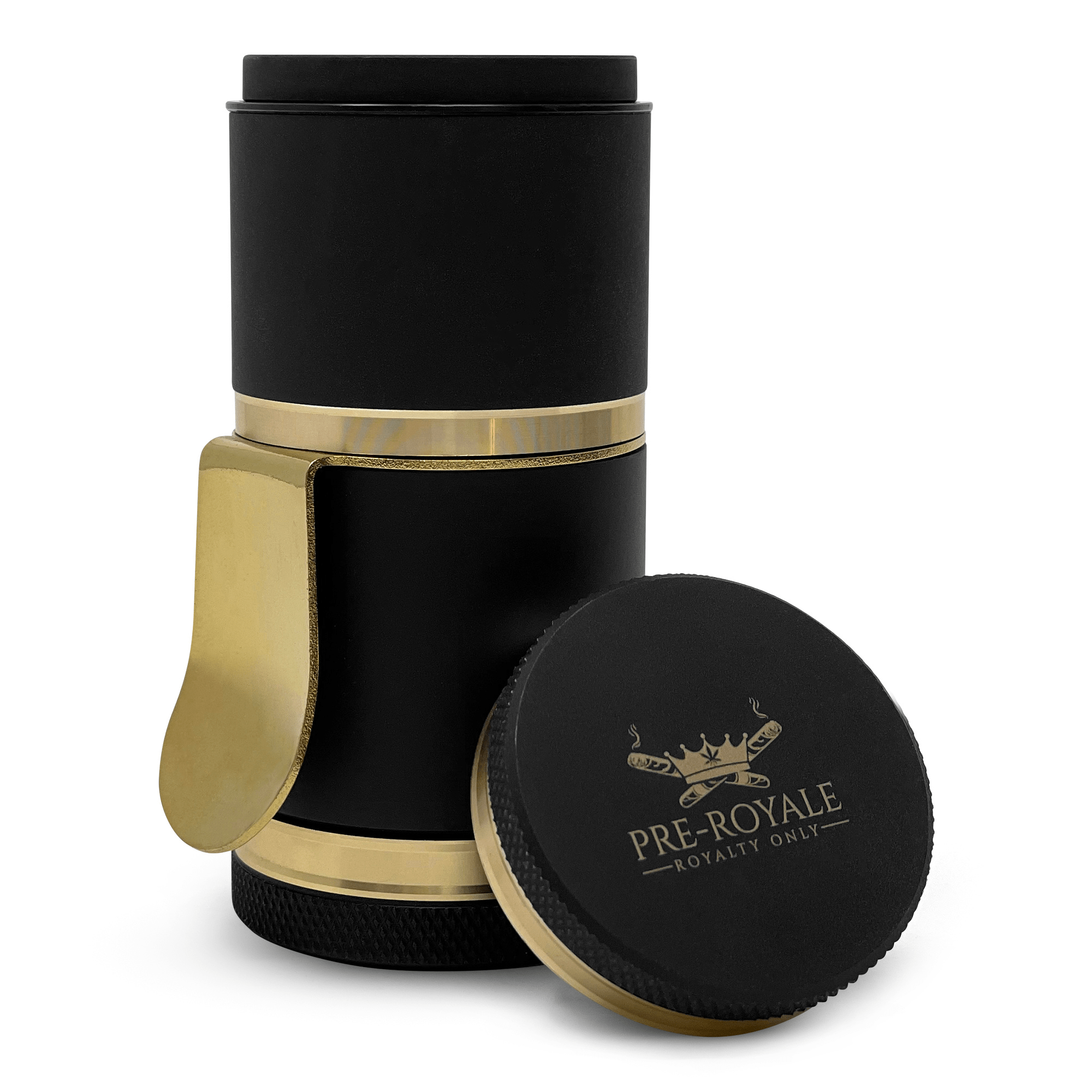 A slightly angled view of the Royale Gâ„¢ - Luxury Herb Grinder, showing its sleek, metallic finish and cylindrical shape.