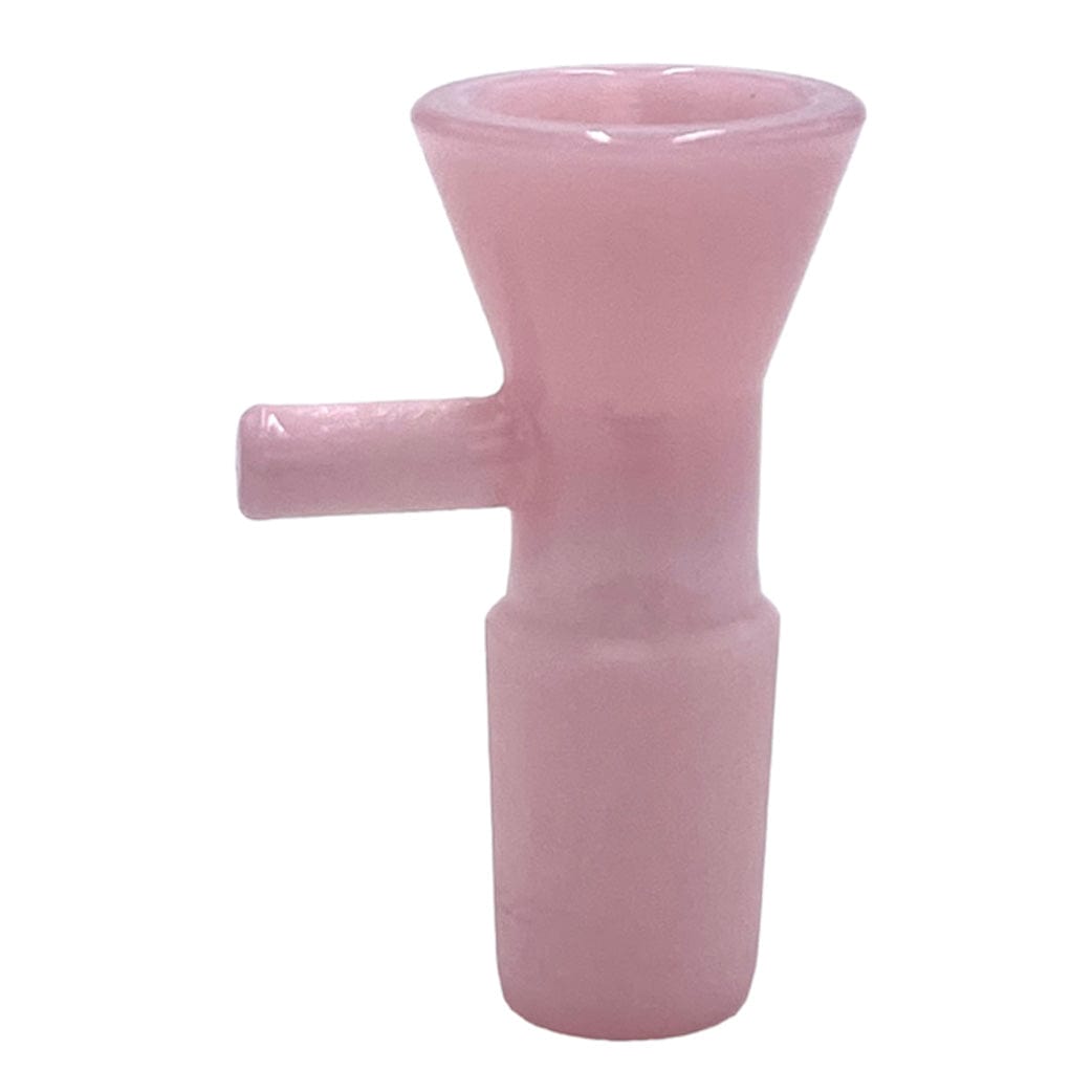 Close-up front view of a small pink Prism 18mm Bowls glass bowl with a side handle against a white background