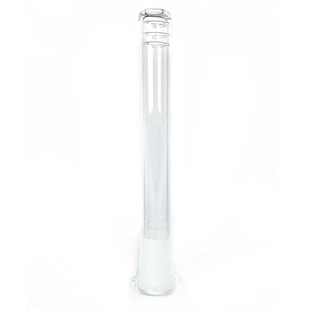 Straight-on view of a tall clear glass Prism Downstems piece with a white frosted base and a plain white background.