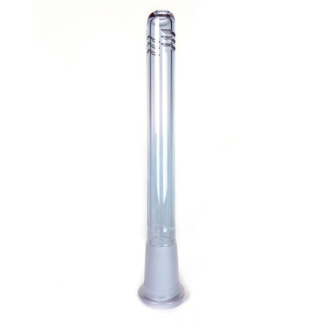 Upright, front-facing Prism Downstems in translucent blueberry glass with a rounded mouth and three decorative notches near the top.