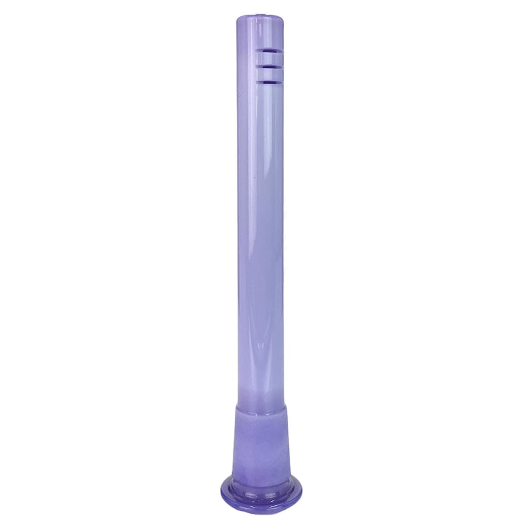 Straight-on view of a teal Prism Downstems tube standing upright on a white background, showing its glossy finish and three narrow grooves near the top.