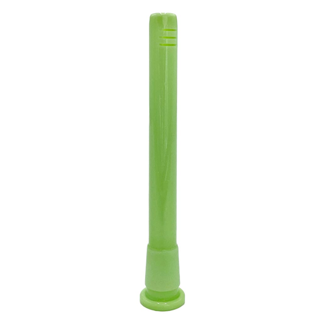 Straight front view of a lime green Prism Downstems piece standing upright on a white background.