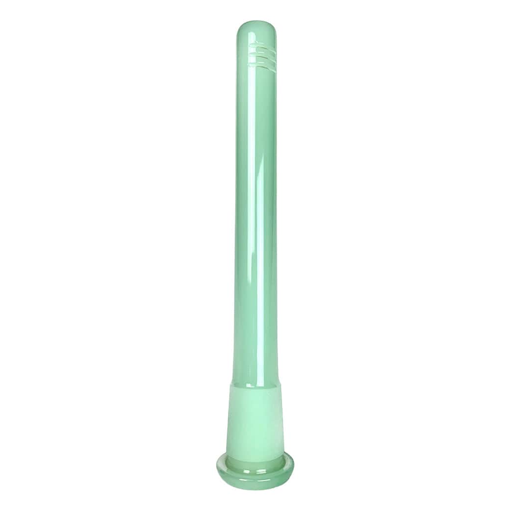 Straight, upright view of a translucent sapphire Prism Downstems tube centered on a white background.
