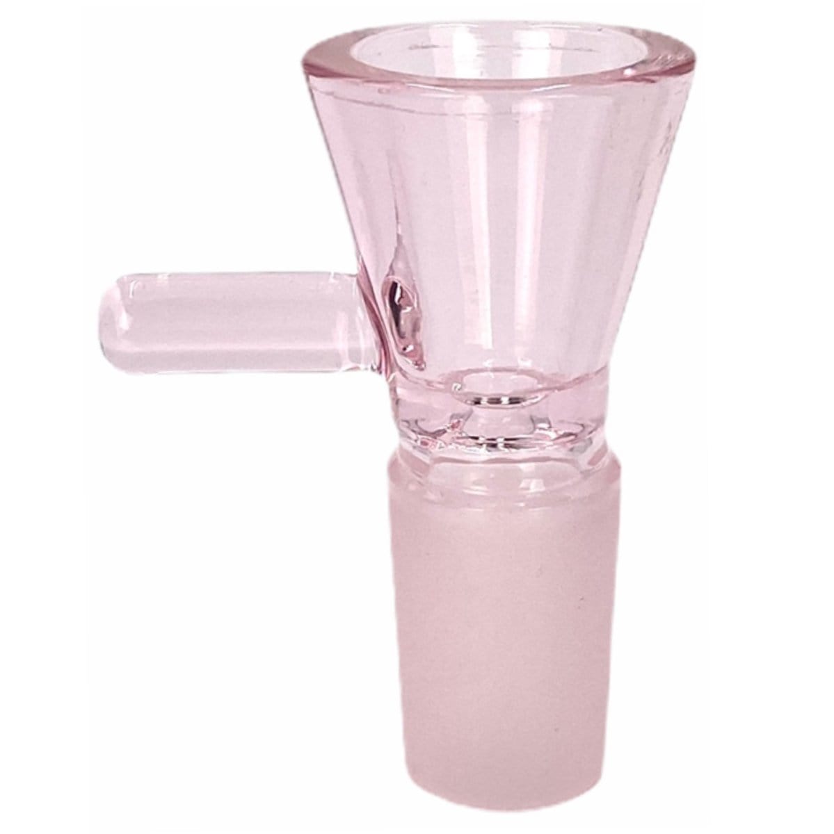 Close-up three-quarter view of a pale pink Prism 18mm Bowls glass bowl showing its flared top, side handle, and frosted lower joint against a white background