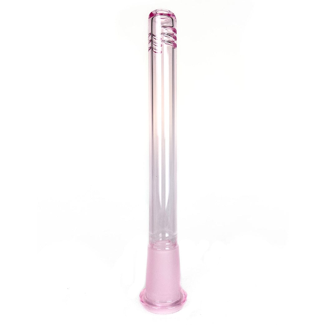 Straight-on view of a tall, clear-to-pink glass tube with a flared pink base and spiral accents at the rim, labeled Prism Downstems.