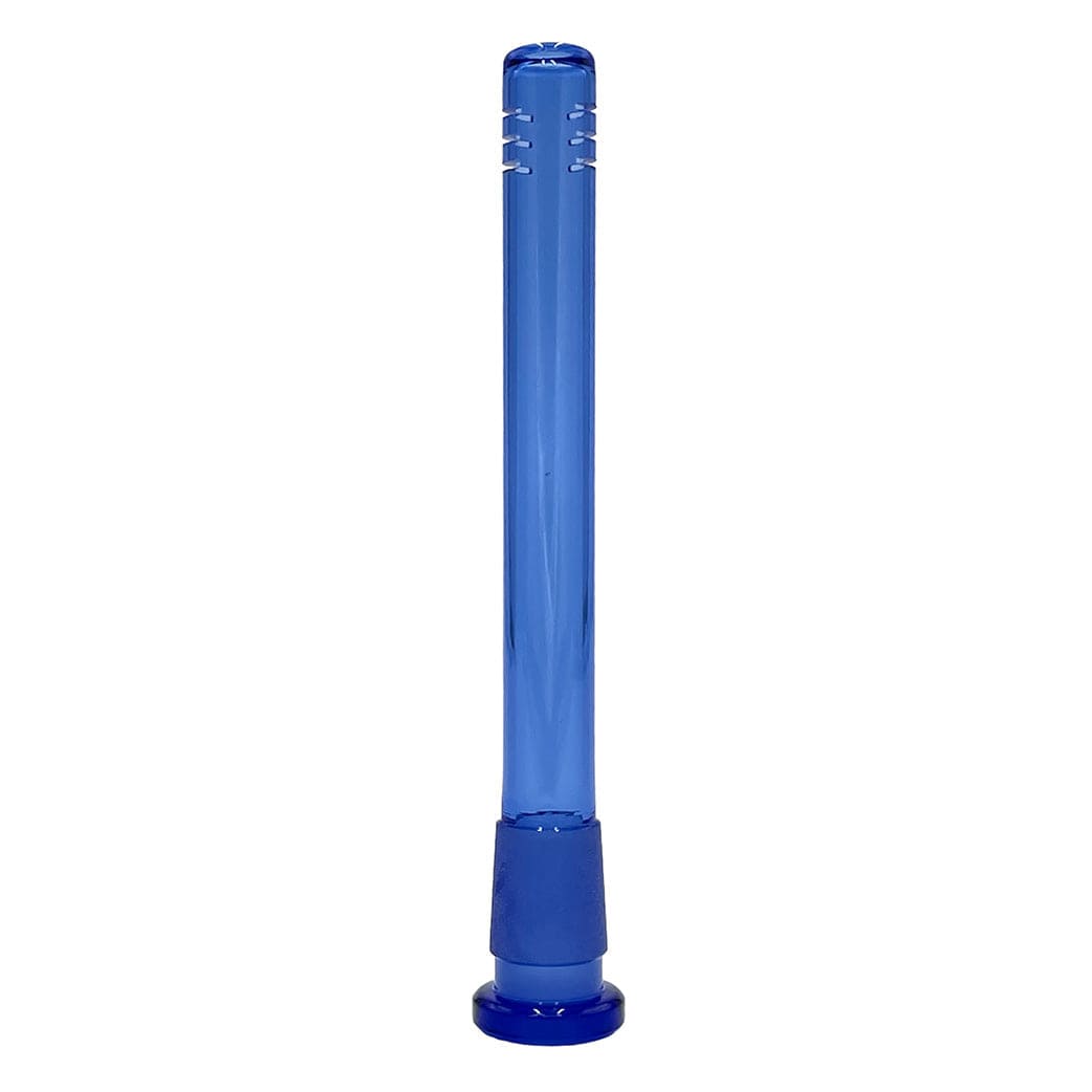 Straight, vertical view of a translucent blue Prism Downstems piece centered on a white background, showing its notched top and frosted ground joint at the base.