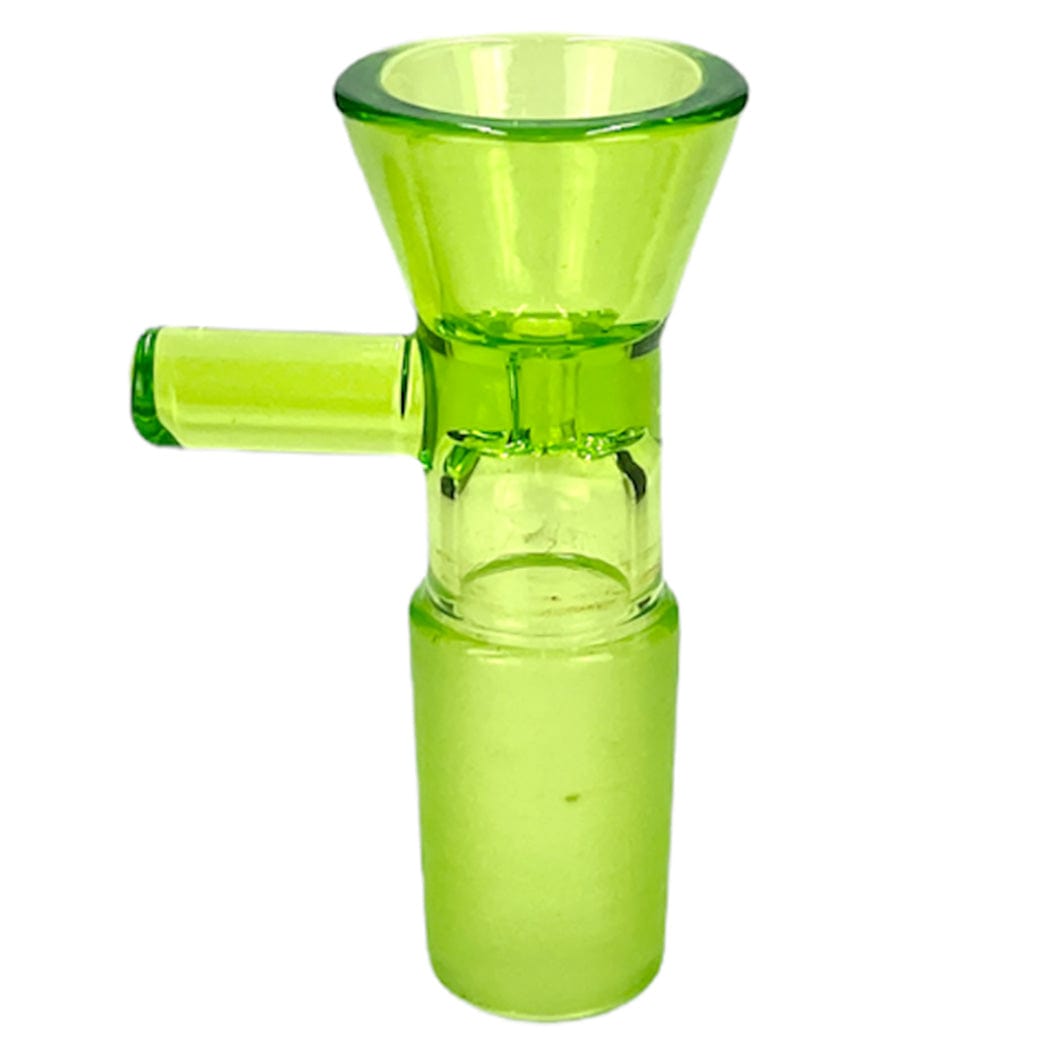 Front-facing studio shot of a translucent green Prism 18mm Bowls piece showing its flared top, side handle, and frosted 18mm joint against a white background