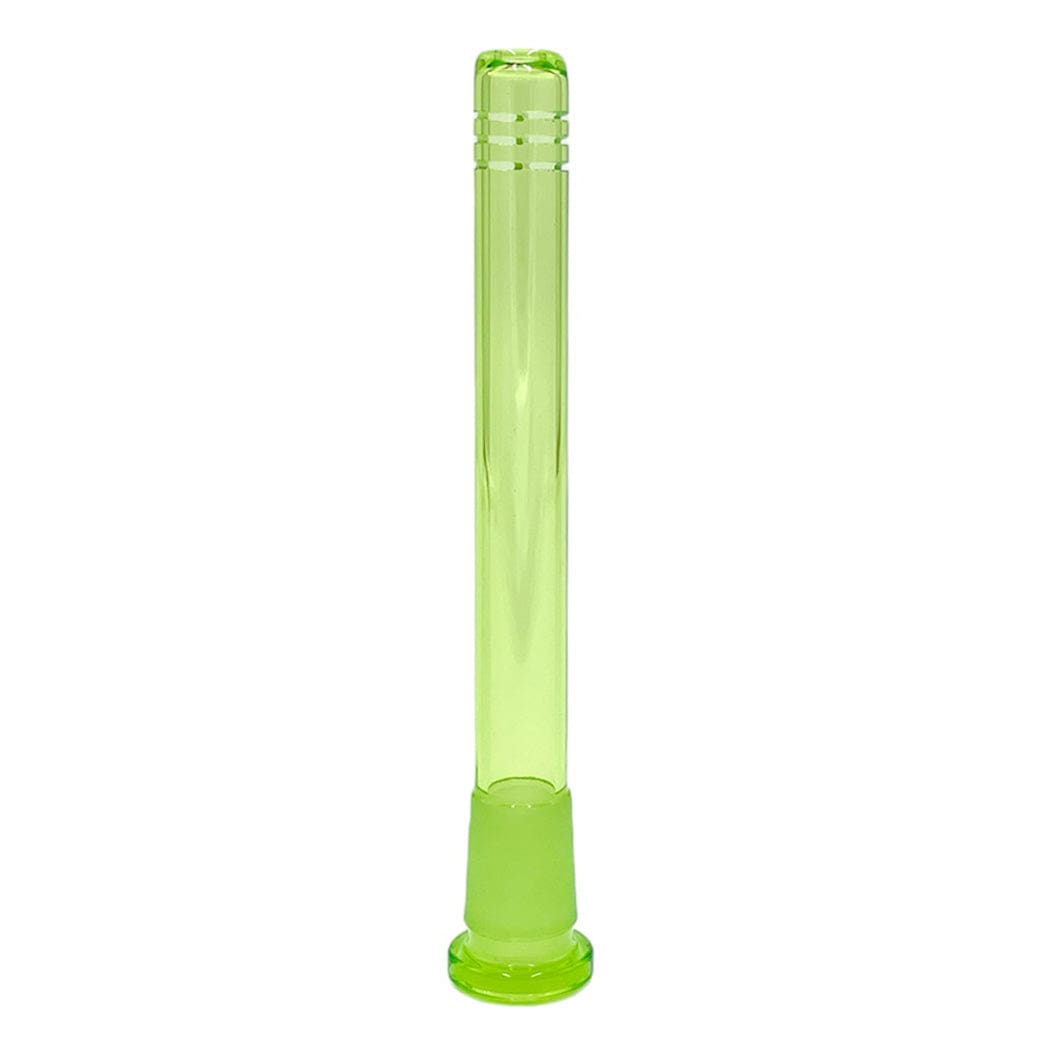 Center-framed studio shot of a translucent lime-green Prism Downstems tube standing upright on a white background, showing ribbed top details and a frosted joint base.