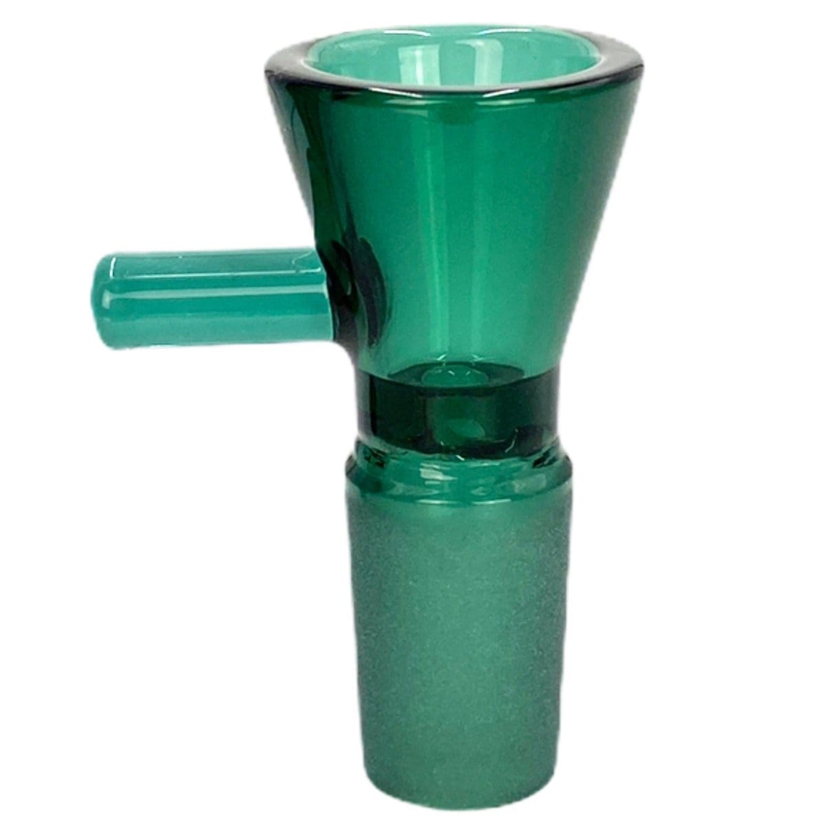 Side view of the green Prism 18mm Bowls piece showing its flared top, short side handle, and frosted 18mm joint.