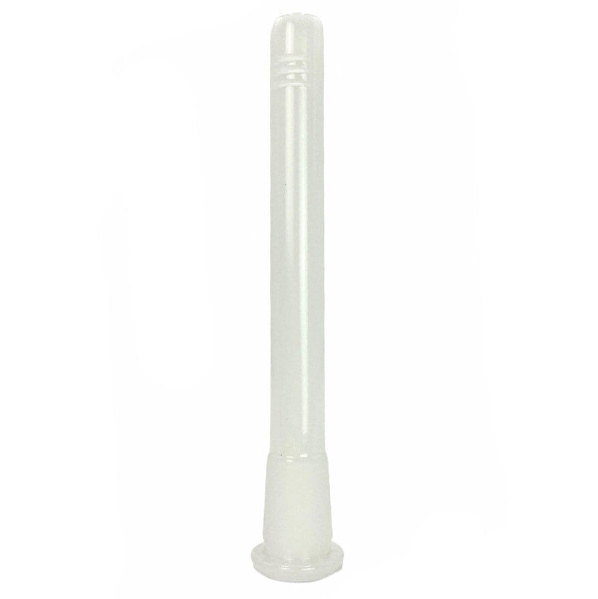 Center-frontal view of a translucent white Prism Downstems tube standing upright against a plain white background.