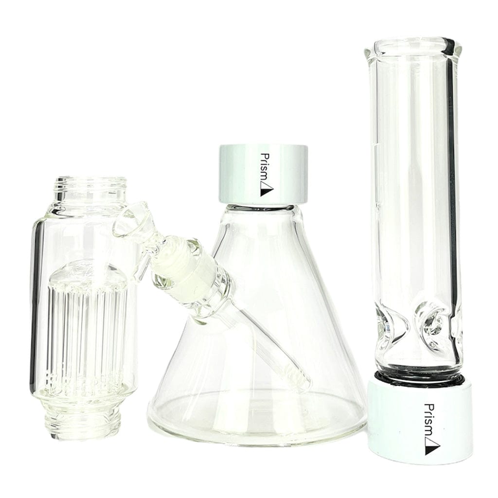 Front view of the Prism Beaker Double Stack showing three clear glass components arranged on a white background with white Prism-branded caps.