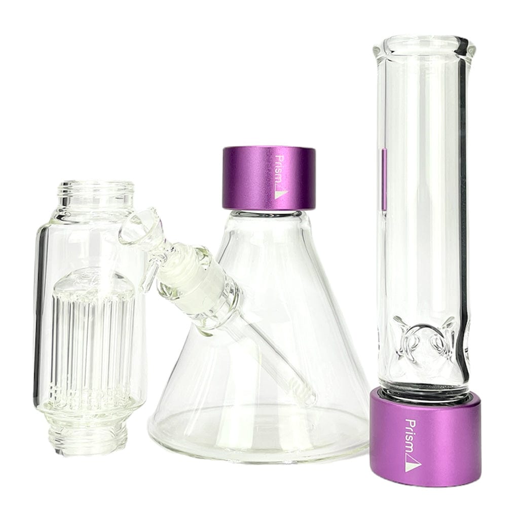 Front-facing view of the Prism Beaker Double Stack showing its clear glass conical base, purple metallic stacked collars, and two detachable percolator tubes.