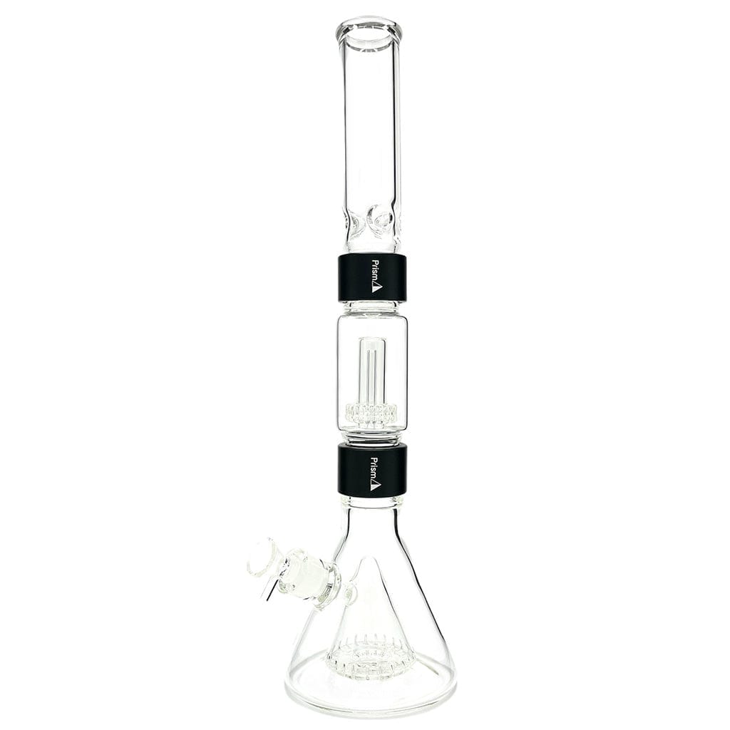 Tall front view of the Prism Percolated Beaker Double Stack showing clear glass chambers with two black banded joints against a white background