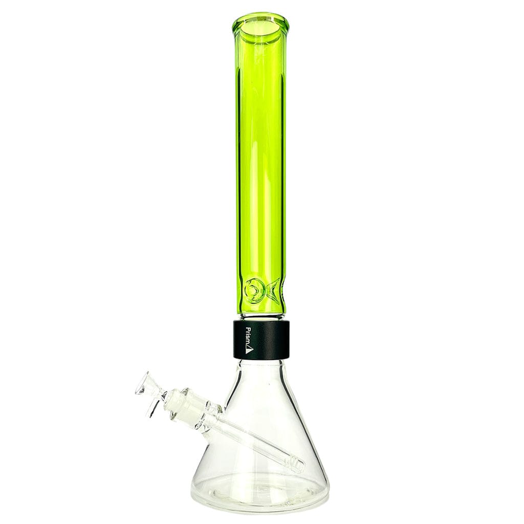 Front view of the Prism Halo Tall Beaker Single Stack showing a clear glass beaker base with a straight, neon-green cylindrical neck and black collar against a white background.