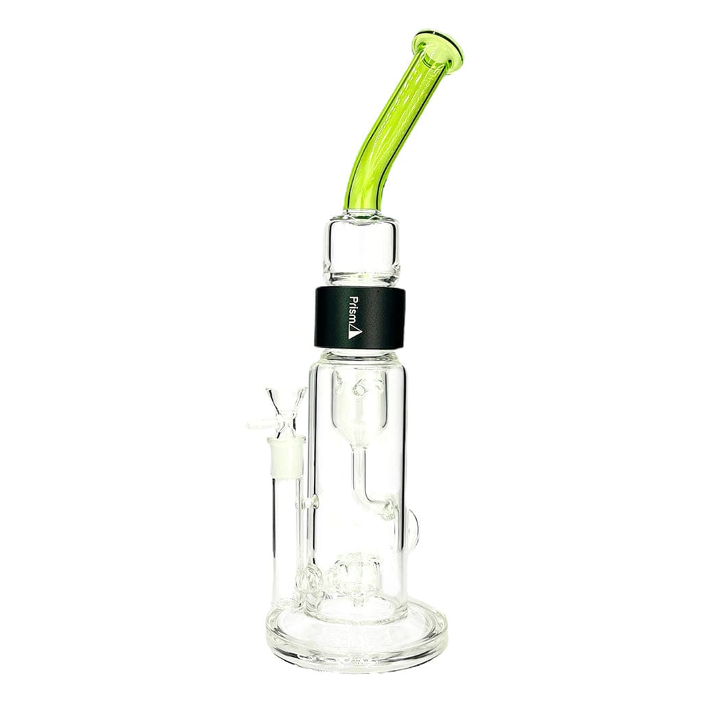 Front view of the Prism Klein Incycler Single Stack showing a clear glass chamber with an inner percolator and a tilted blue/sapphire neck against a white background.