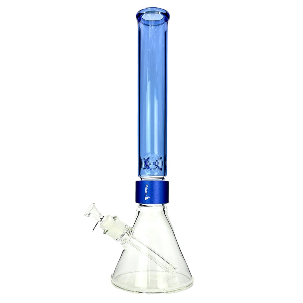 A straight-on view of the Prism Halo Tall Beaker Single Stack showing a clear glass beaker base with a tall translucent blue cylindrical neck and angled glass downstem.