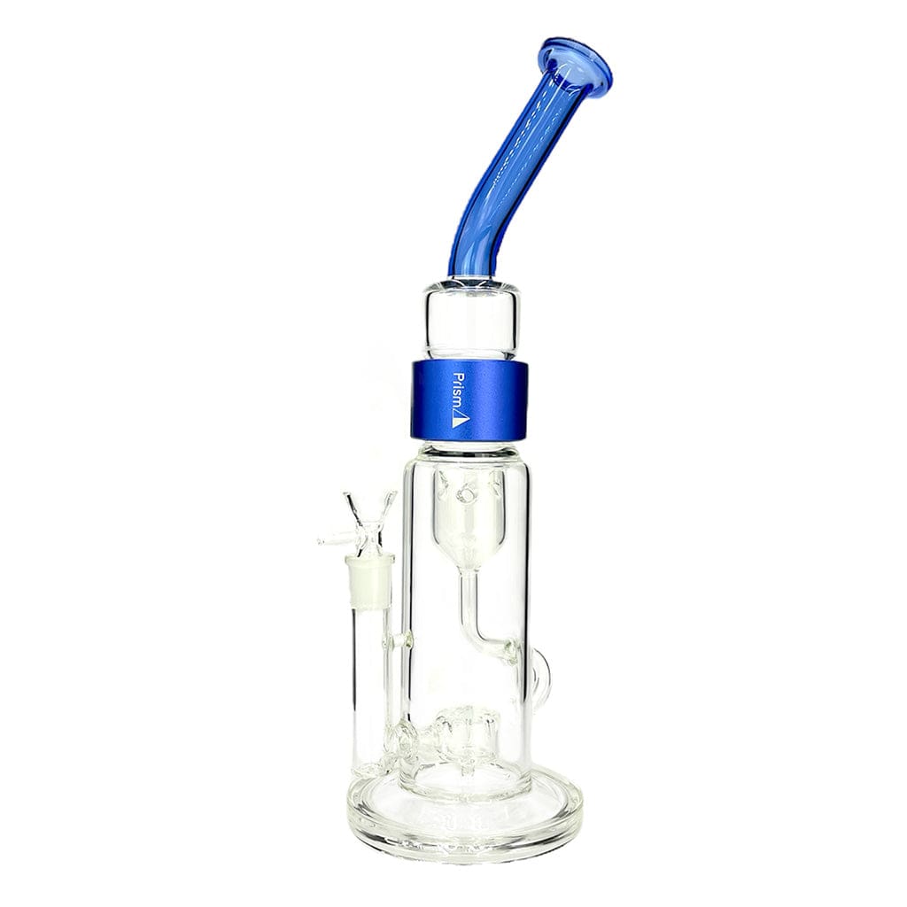 Straight-on view of the Prism Klein Incycler Single Stack showing clear glass chambers, a blue angled mouthpiece and blue banded joint against a white background