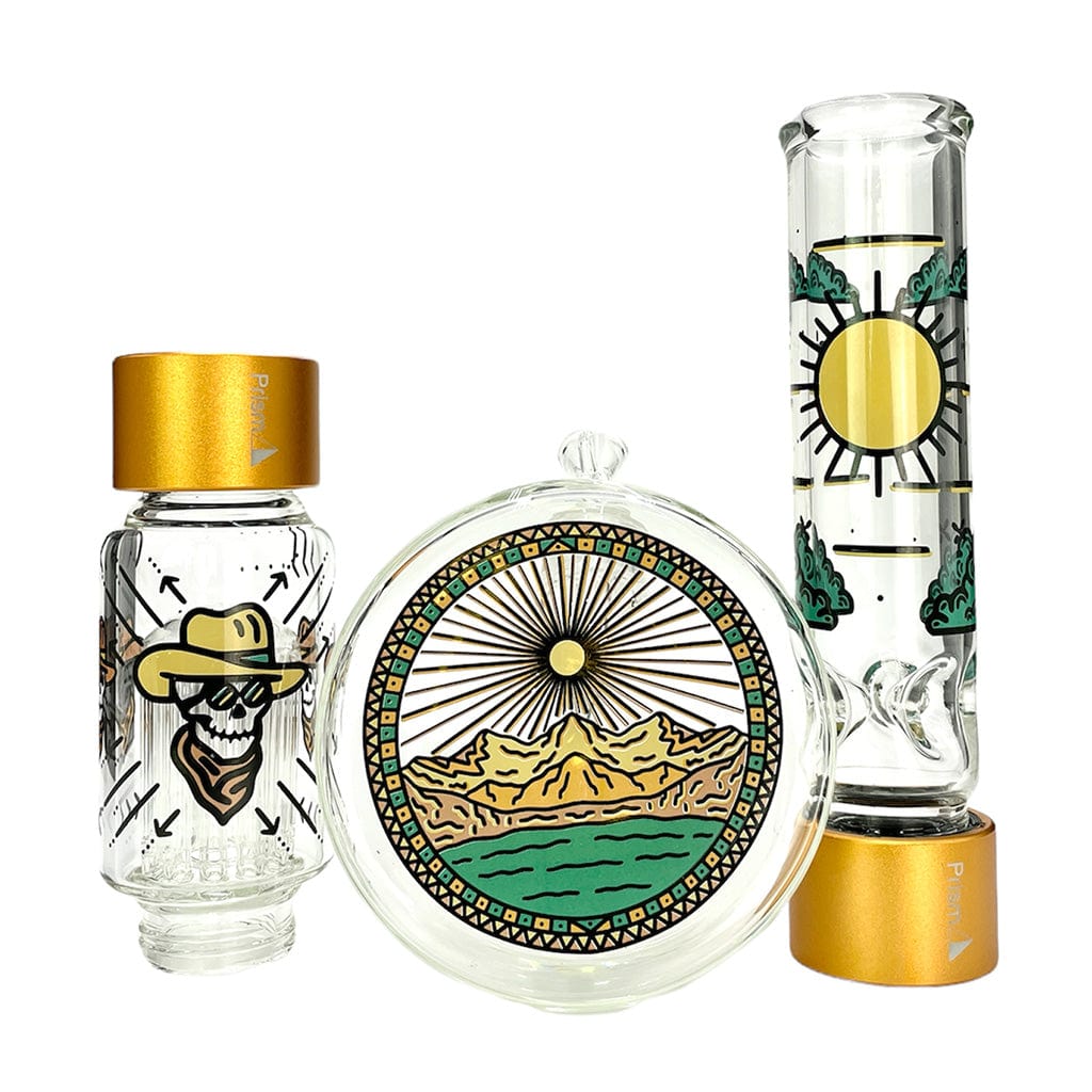 Front view of the DESERT DREAM'N BEAKER DOUBLE STACK, showcasing a clear glass beaker with a desert-themed, golden-rimmed design.