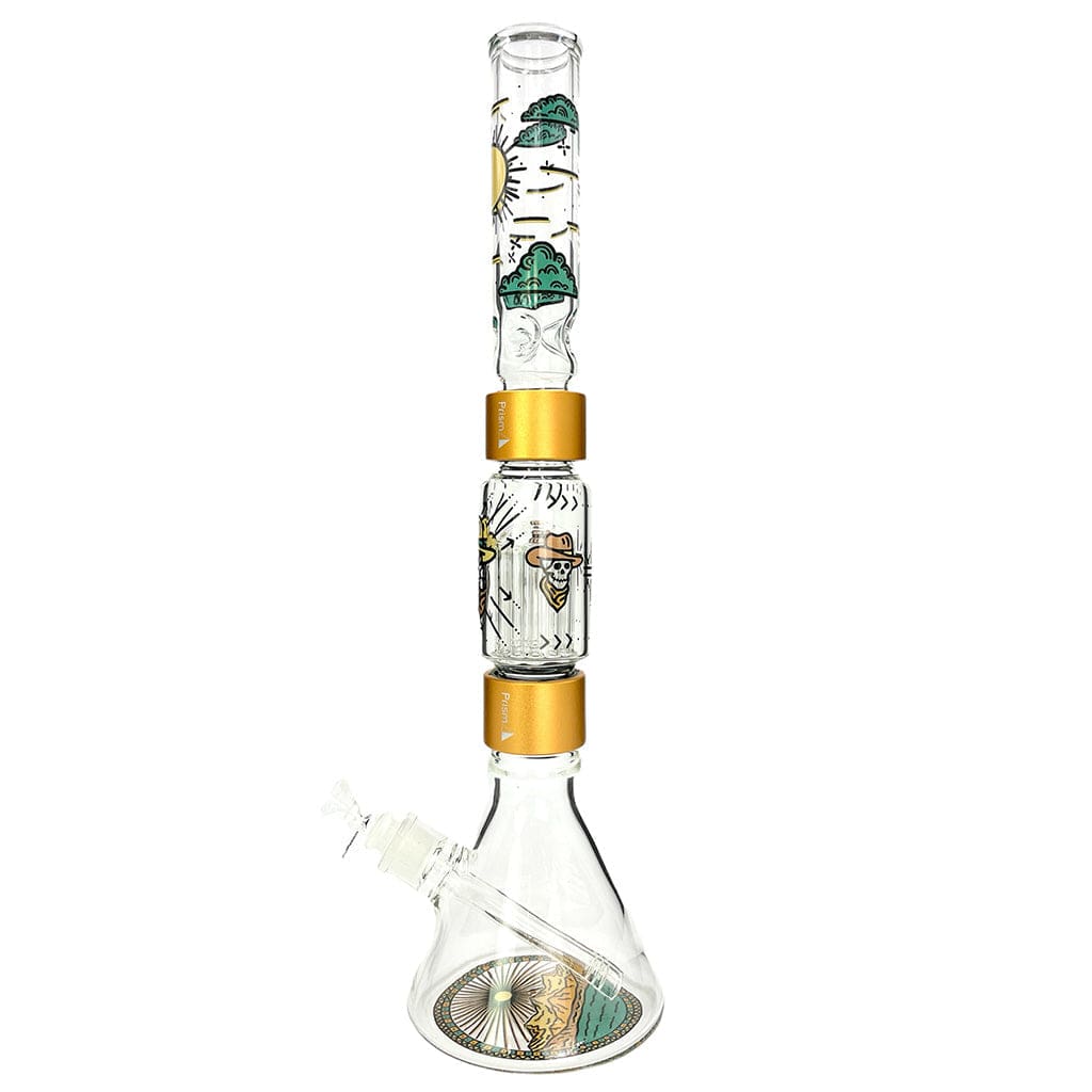 Front view of the DESERT DREAM'N BEAKER DOUBLE STACK, showcasing a clear glass double beaker with swirling, colorful patterns.