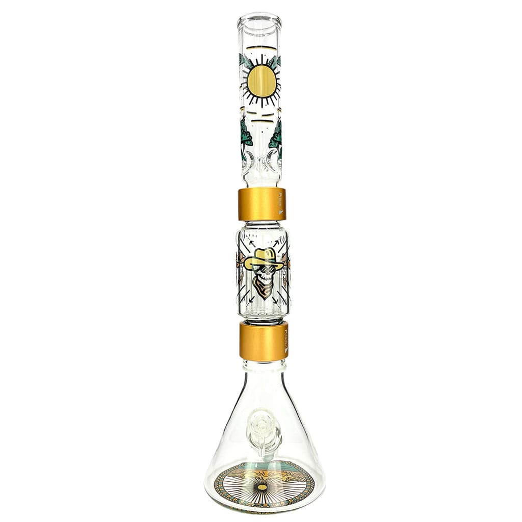 Front view of the DESERT DREAM'N BEAKER DOUBLE STACK, a clear glass beaker with stacked colored rings and a detailed etched base.
