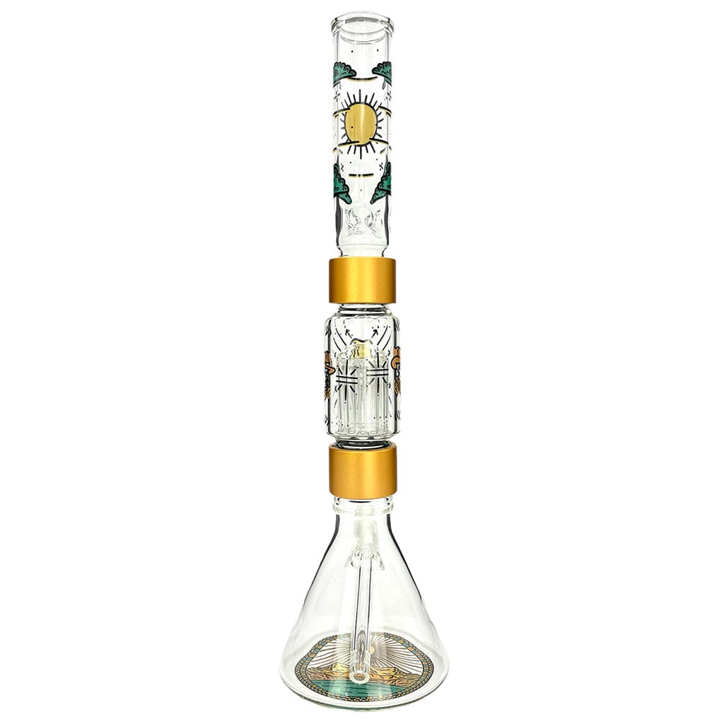 Front view of the DESERT DREAM'N BEAKER DOUBLE STACK, a clear glass beaker with stacked, gold-accented rings.