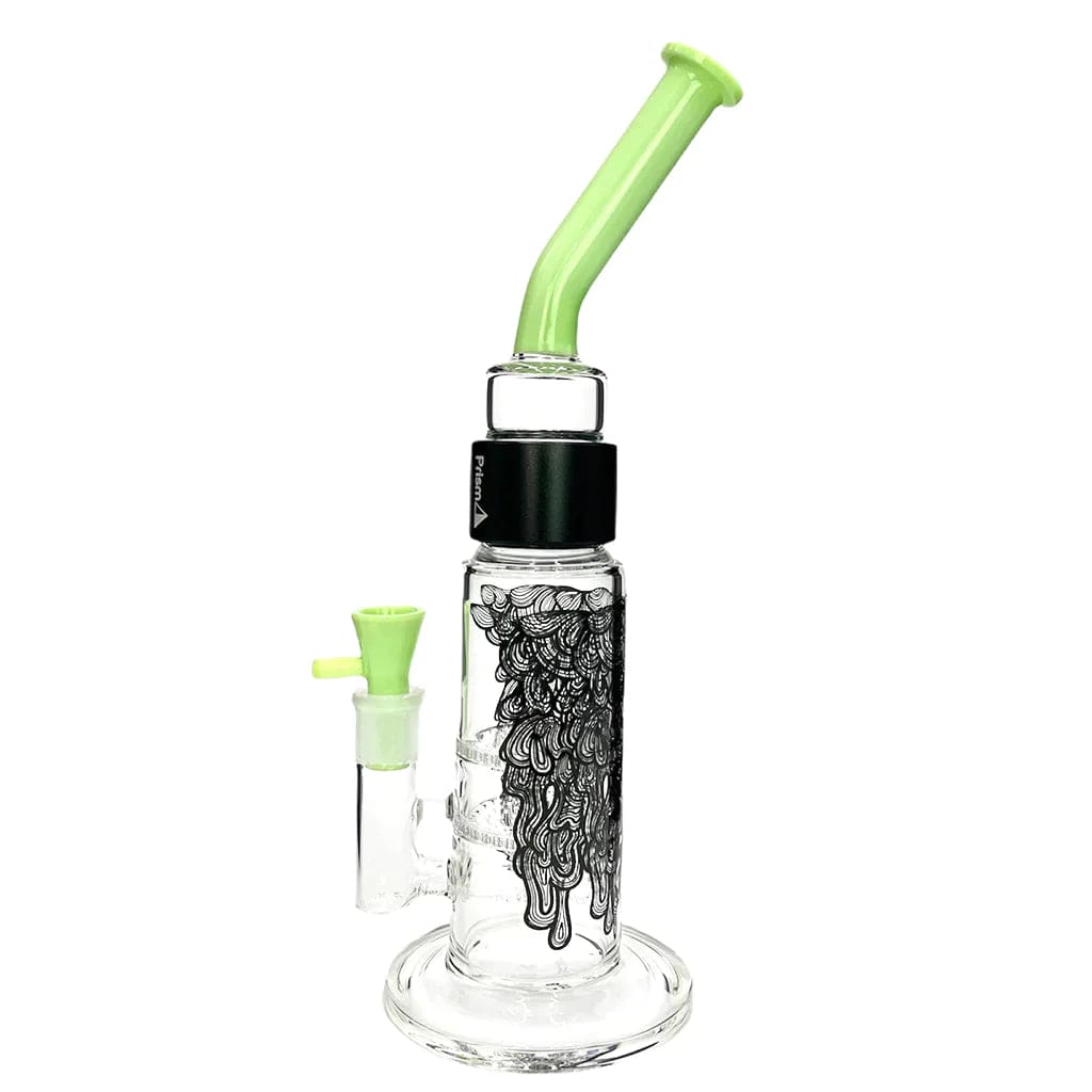 Slightly angled front view of the Prism Drippy Big Honeycomb Single Stack with a lime green bent mouthpiece and matching bowl, black honeycomb drip pattern on clear glass.