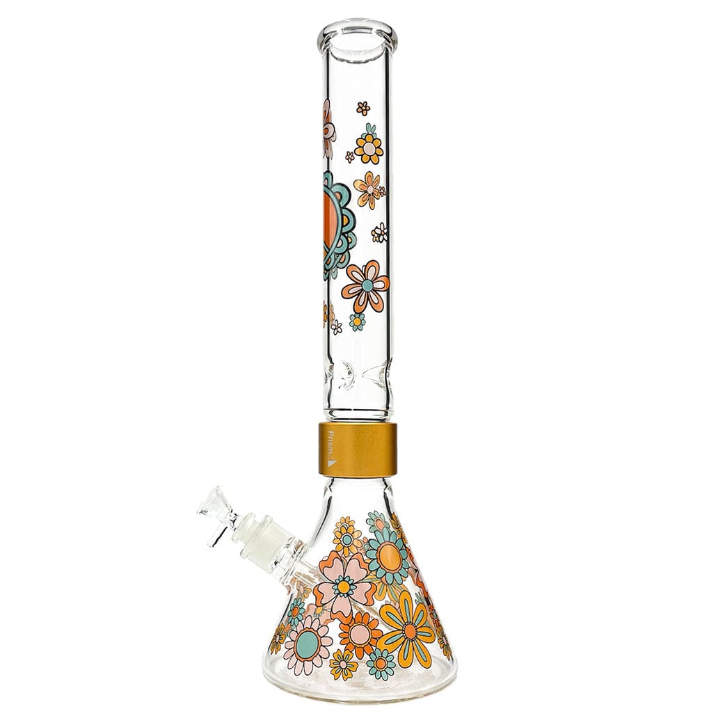 Front view of the Prism Flower Power Beaker Single Stack showing its clear glass tube and beaker base decorated with orange, teal, and yellow floral motifs.