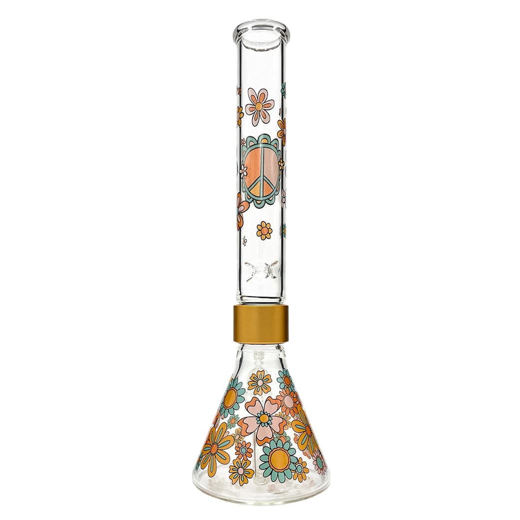 Front-facing Prism Flower Power Beaker Single Stack showing a tall clear tube and beaker base decorated with orange, teal, and yellow 60s-style flowers and a peace sign.