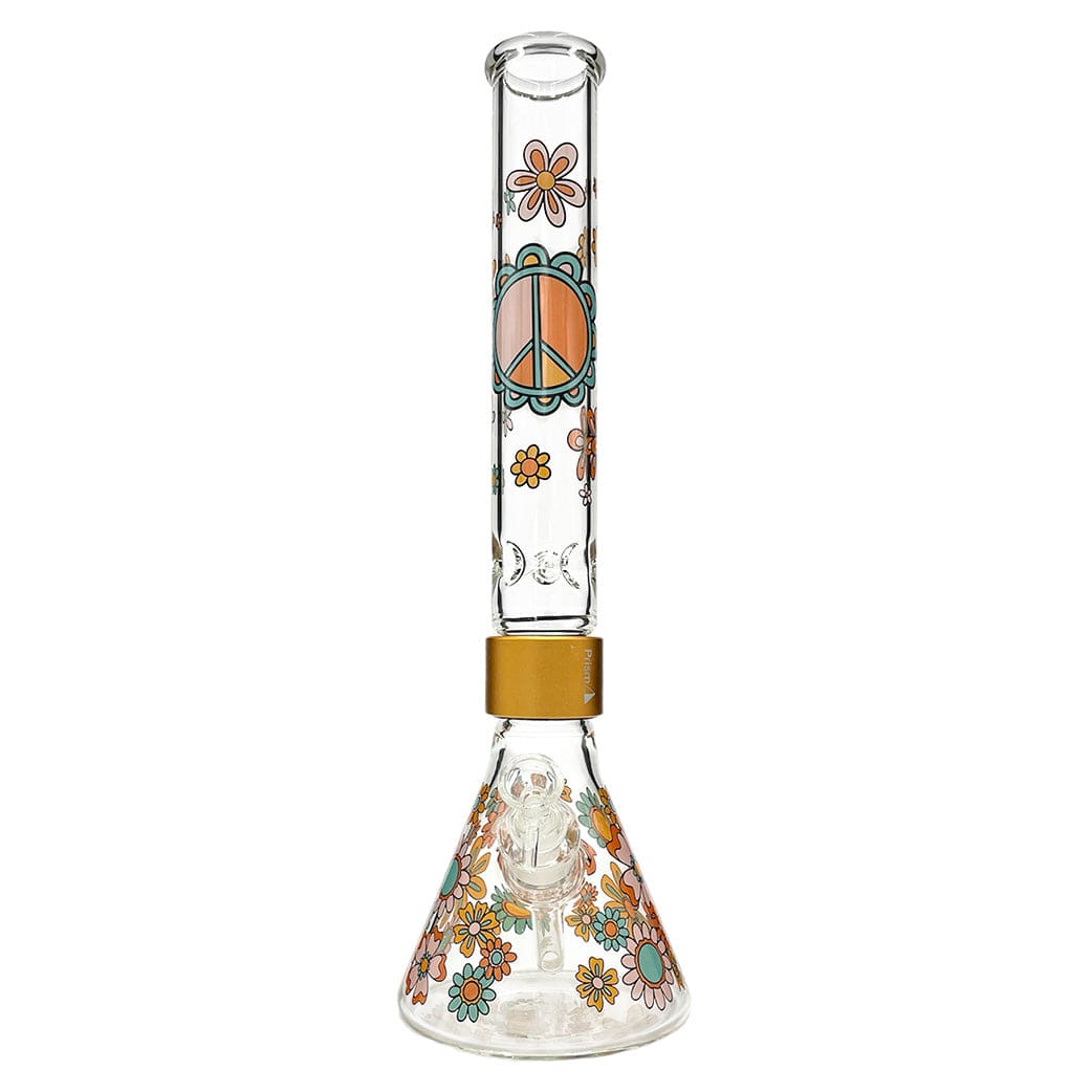 Straight-on view of the Prism Flower Power Beaker Single Stack showing a tall clear glass tube and floral peace‑sign designs.