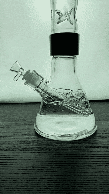 Front-facing view of the Prism Flower Power Beaker Single Stack sitting on a wood surface, showing clear glass, visible water, and a black collar under even backlighting