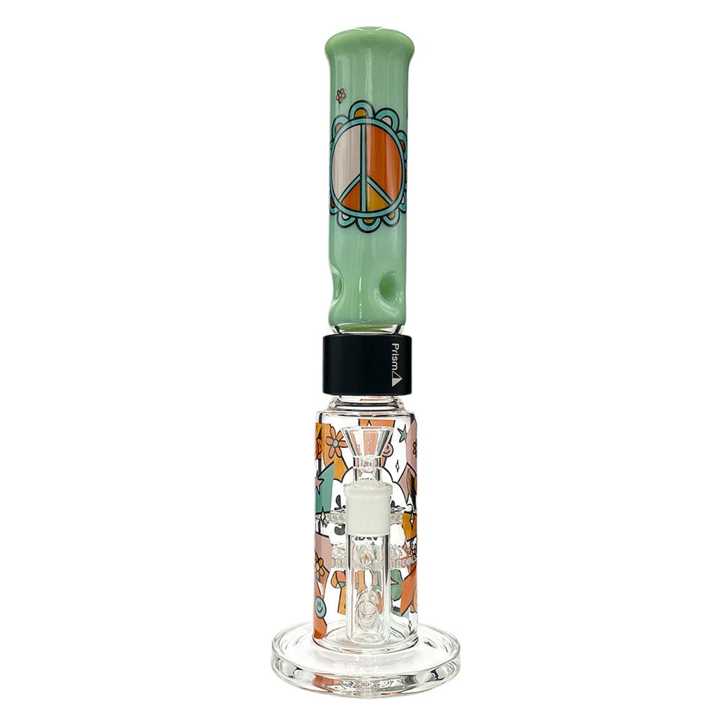 Straight-on view of the Prism Flower Power Big Honeycomb Single Stack showing a mint green mouthpiece with a peace motif above a decorated clear honeycomb chamber.