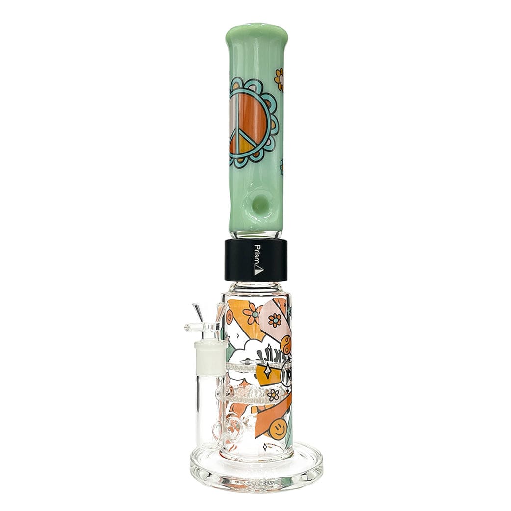 Straight-on view of the Prism Flower Power Big Honeycomb Single Stack showing its mint green painted neck with peace-sign flower art and a clear decorated honeycomb chamber on a white background