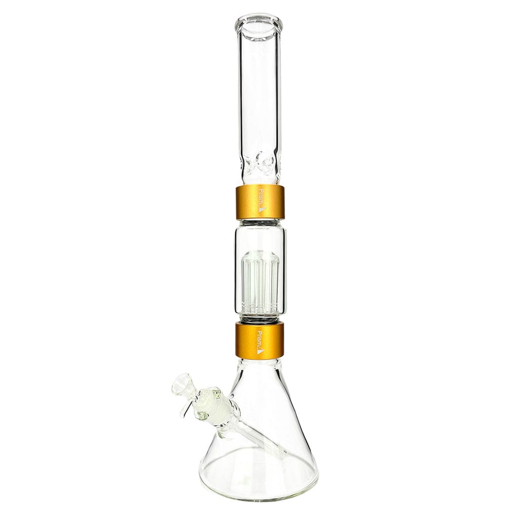 Front view of the Prism Beaker Double Stack showing a clear glass beaker base, two stacked chambers with gold bands, and a straight mouthpiece.