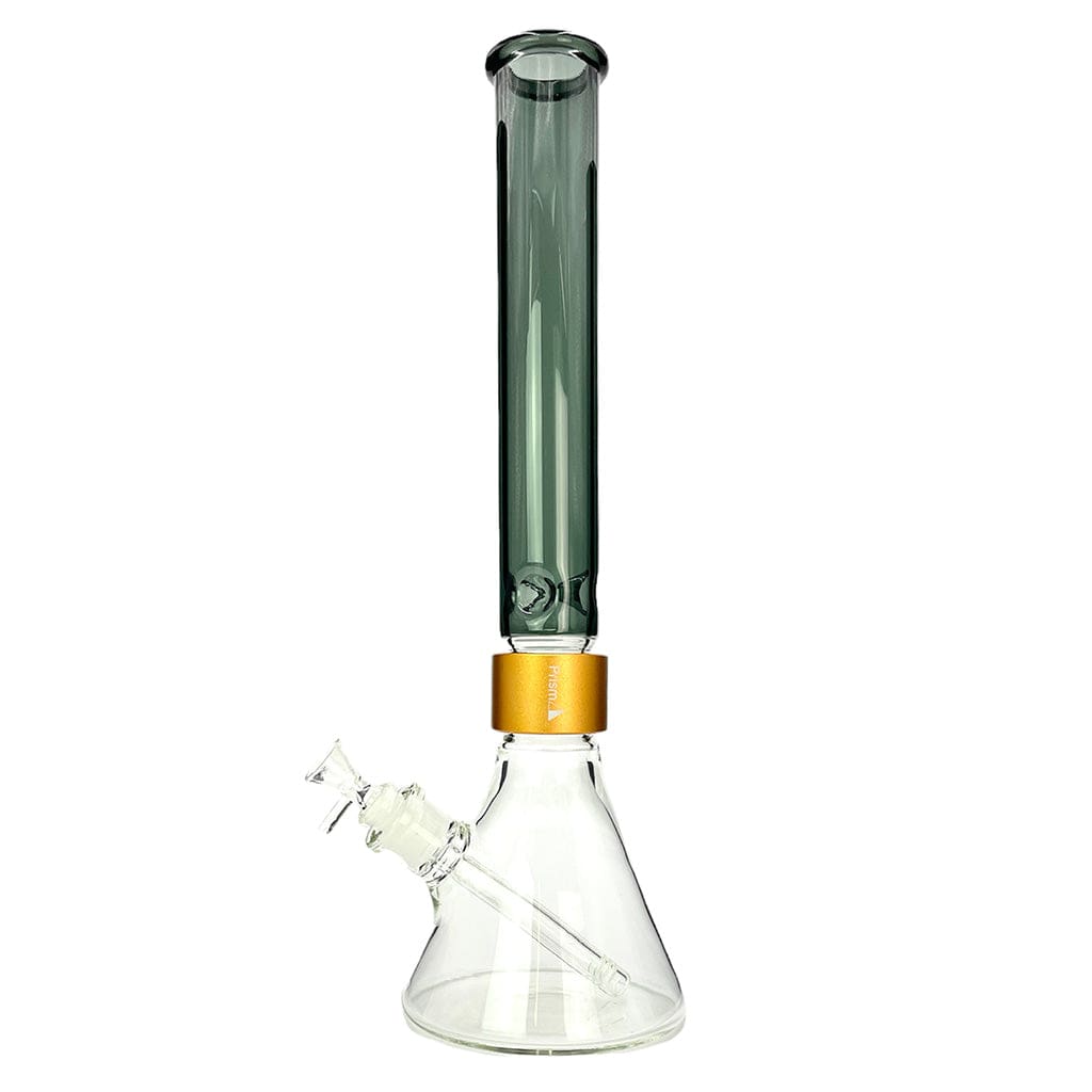Front view of the Prism Halo Tall Beaker Single Stack showing a clear conical base, a gold collar, and a tall black-green straight tube.