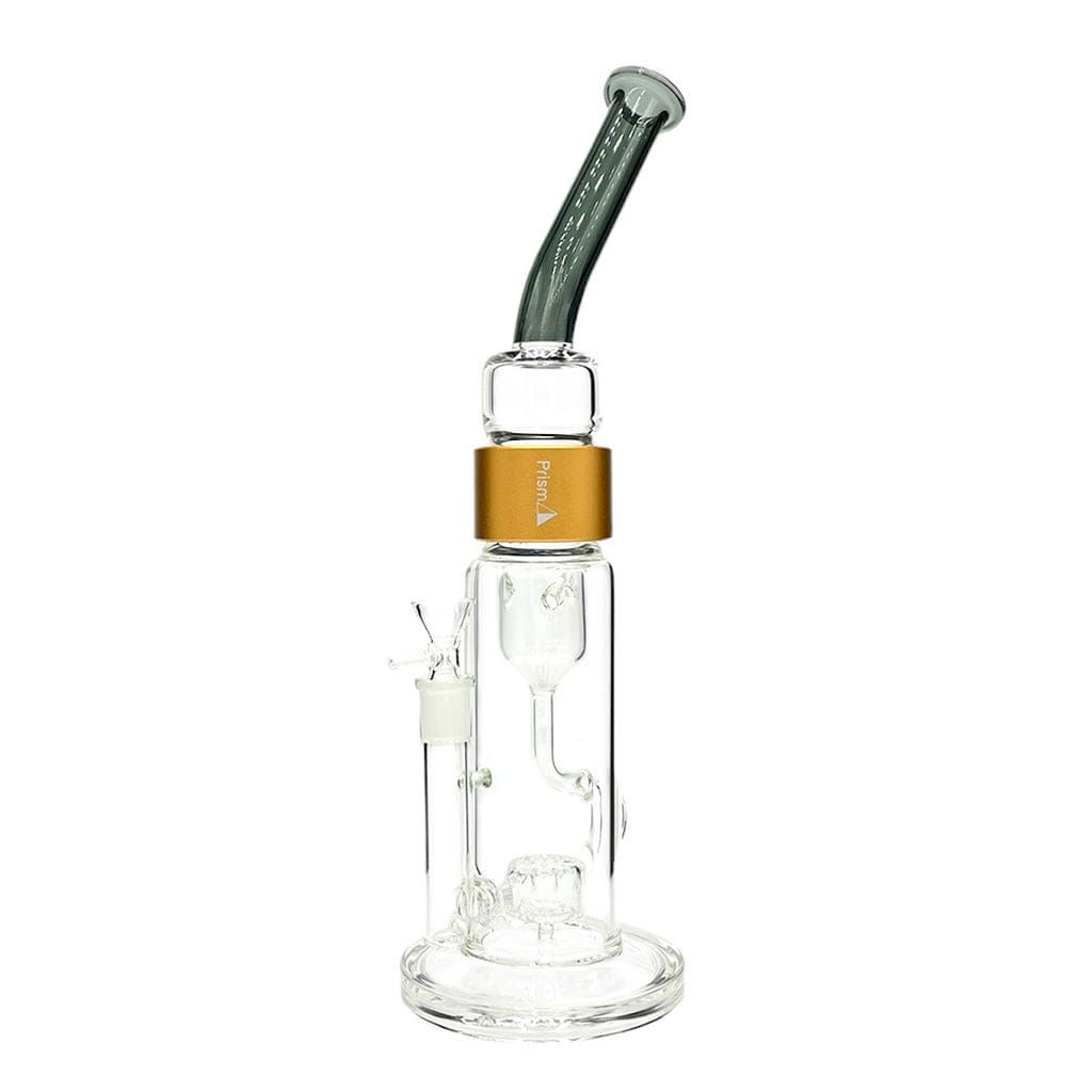 Straight-on view of the Prism Klein Incycler Single Stack showing its clear glass chamber, gold band, and angled dark mouthpiece against a white background.
