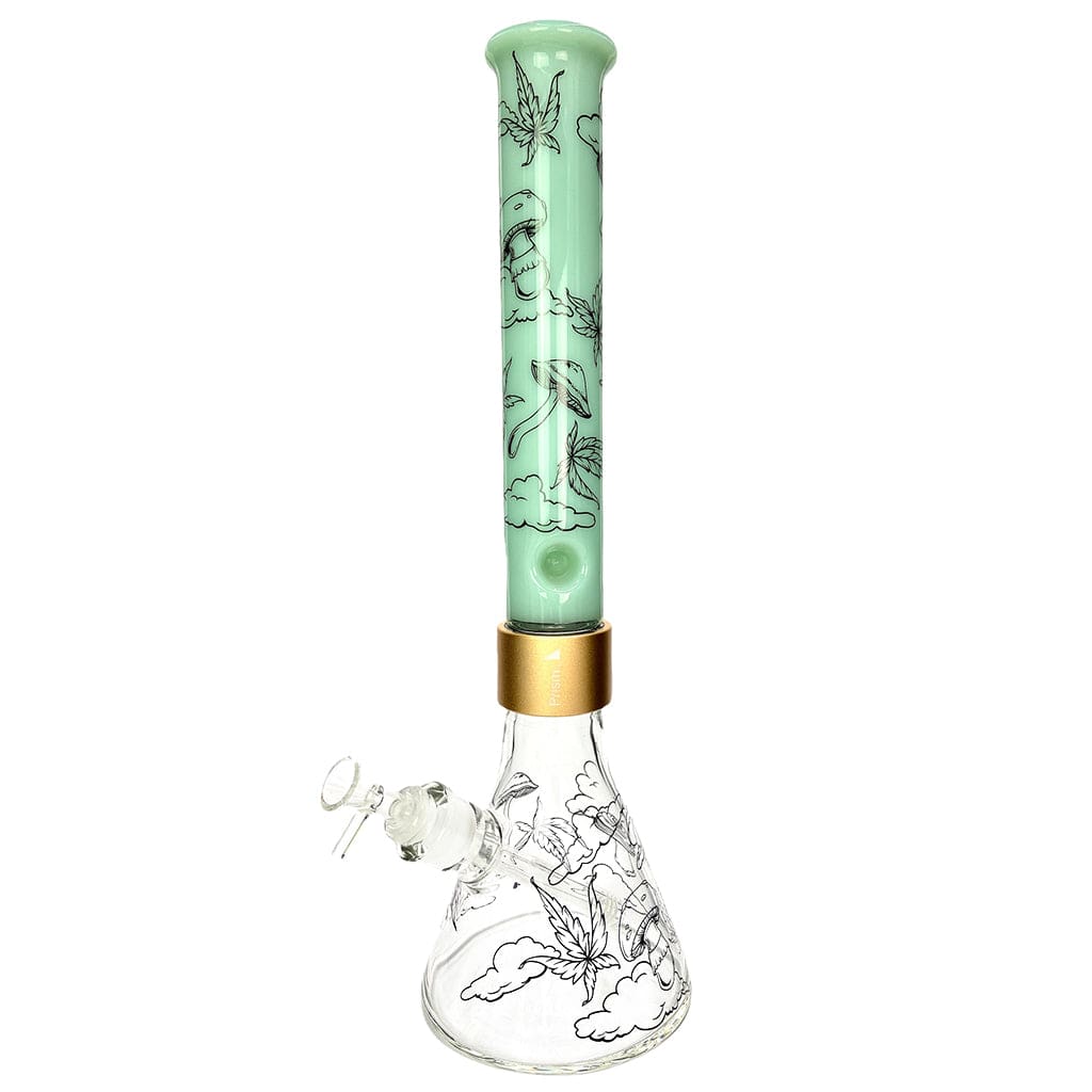Straight-on view of the Prism Halo Sky High Beaker Single Stack showing a tall mint-green neck with black line illustrations, a gold collar, and a clear beaker base decorated with matching black line art on a white background.