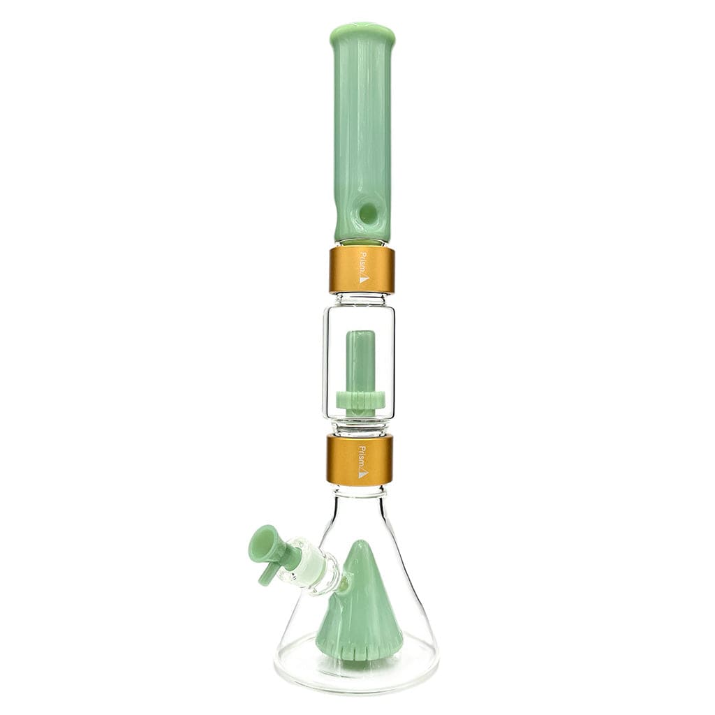 Front-facing shot of the Prism Percolated Beaker Double Stack showing a white/blueberry-tinted double-chamber glass beaker with gold connector bands on a white background